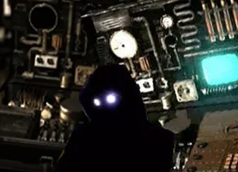 My original profile picture: a dark figure with glowing eyes in a workshop full of machines