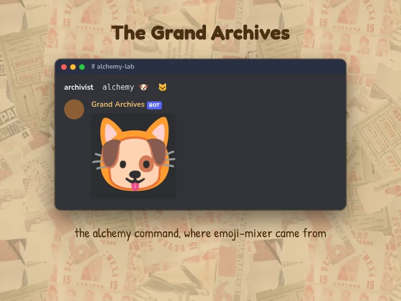 The Grand Archives bot answering the alchemy command with an Emoji Kitchen mix of a dog and a cat