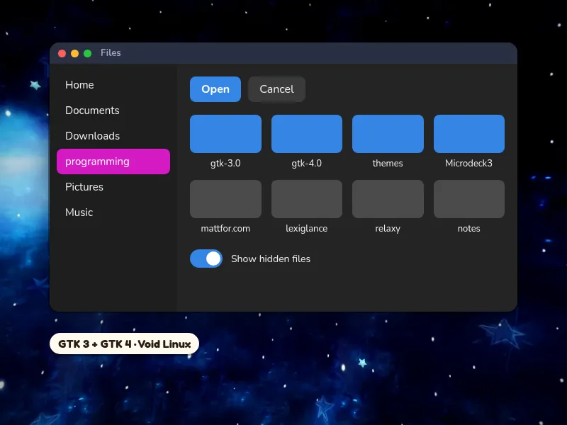 A GTK file chooser in the theme's colours, showing the gtk-3.0, gtk-4.0 and Microdeck3 folders