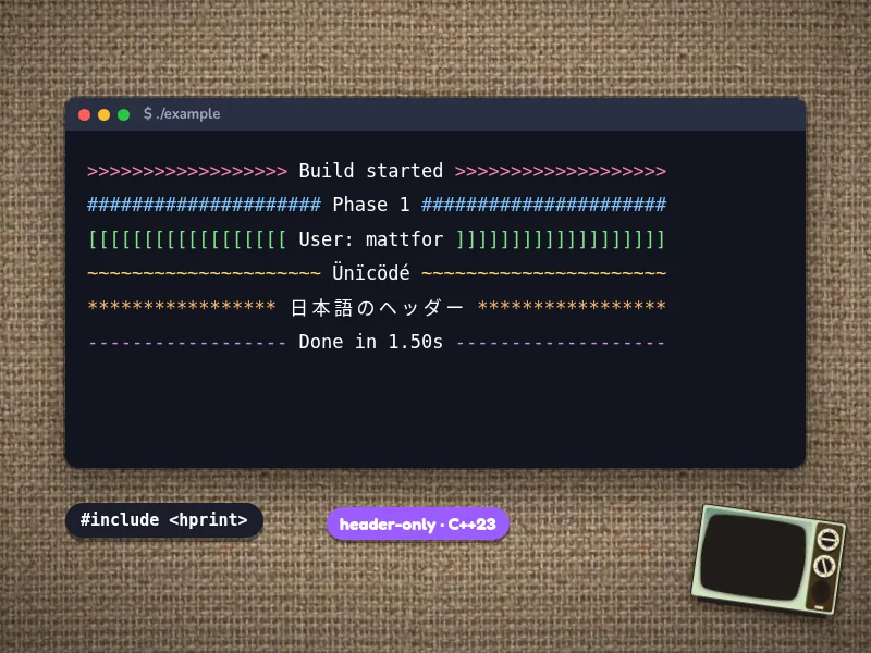 Terminal output of hprint's example: centred headers with different border characters, including a Japanese one