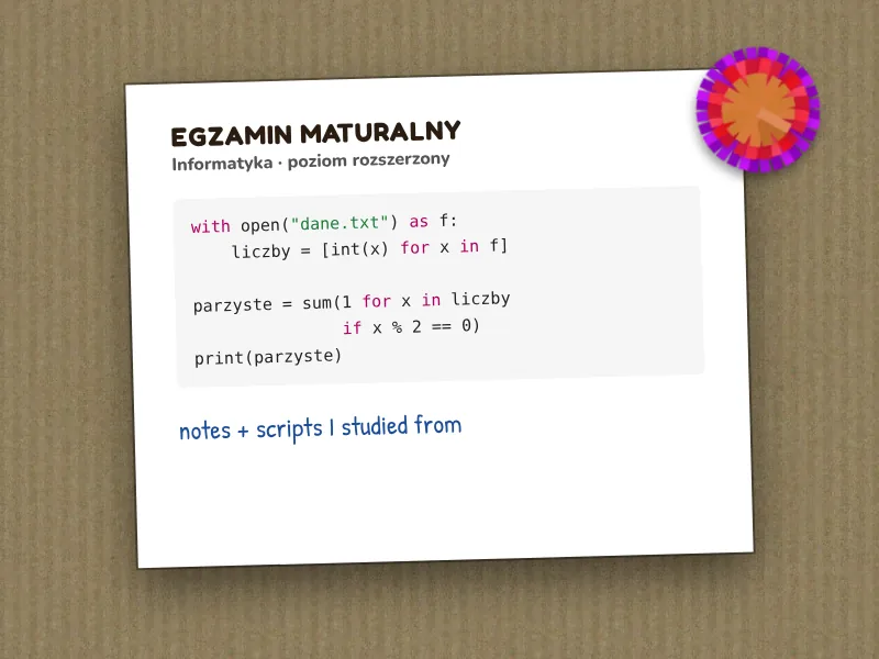 A Matura computer science exam sheet with a short Python solution