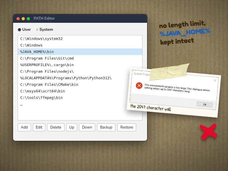 The PATH editor listing entries with %JAVA_HOME% kept unexpanded, next to the Windows error it works around