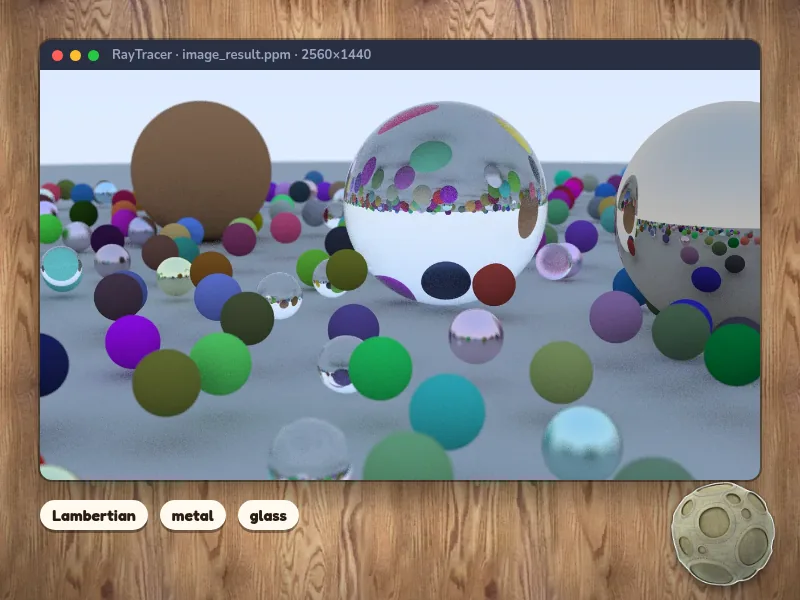 The ray tracer's final render of matte, metal and glass spheres, shown in a window